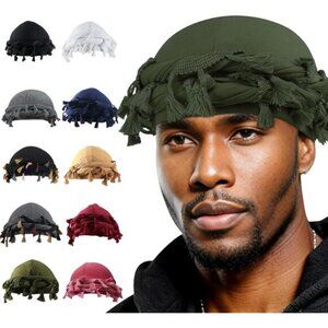 ⚡Men Women Armygreen Satin Head Wraps Skull Cap Tassels Braid Beanie Turban